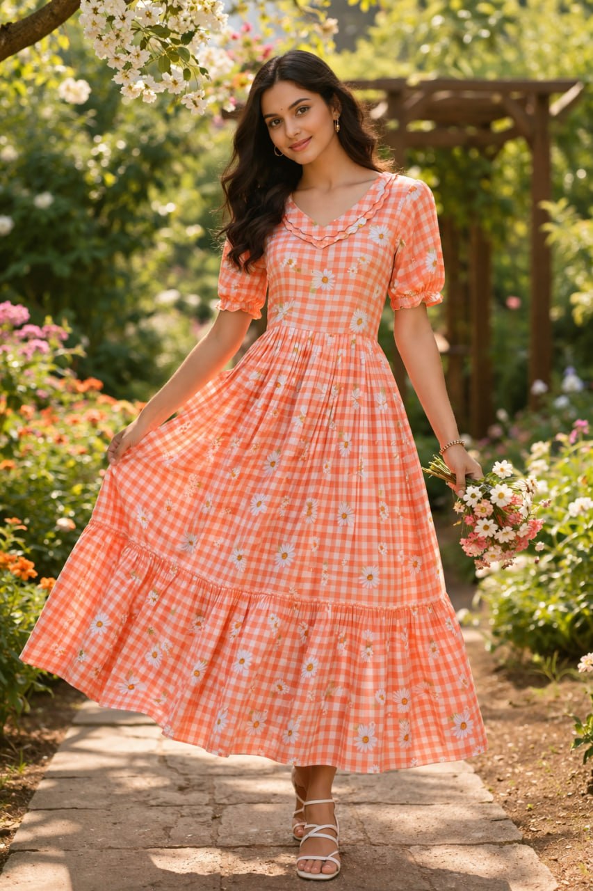 Peach Gingham Floral Cotton Maxi Dress for Women
