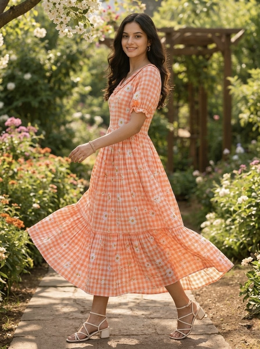 Peach Gingham Floral Cotton Maxi Dress for Women