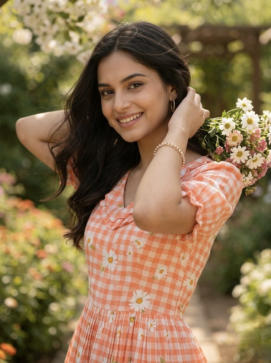 Peach Gingham Floral Cotton Maxi Dress for Women