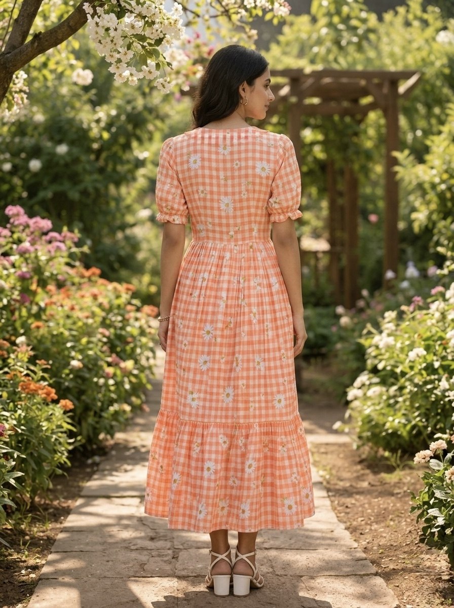Peach Gingham Floral Cotton Maxi Dress for Women