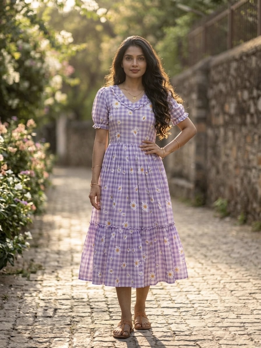 Lavender Gingham Floral Cotton Maxi Dress for Women