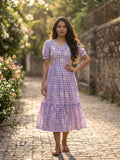 Lavender Gingham Floral Cotton Maxi Dress for Women