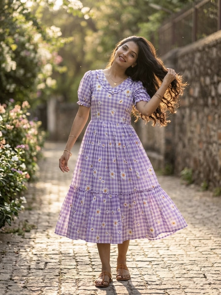 Lavender Gingham Floral Cotton Maxi Dress for Women