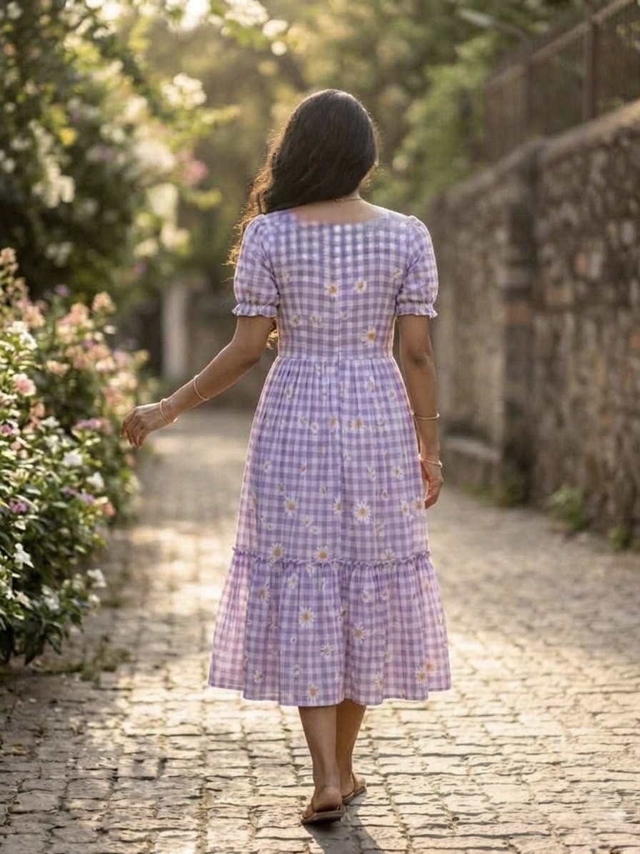 Lavender Gingham Floral Cotton Maxi Dress for Women