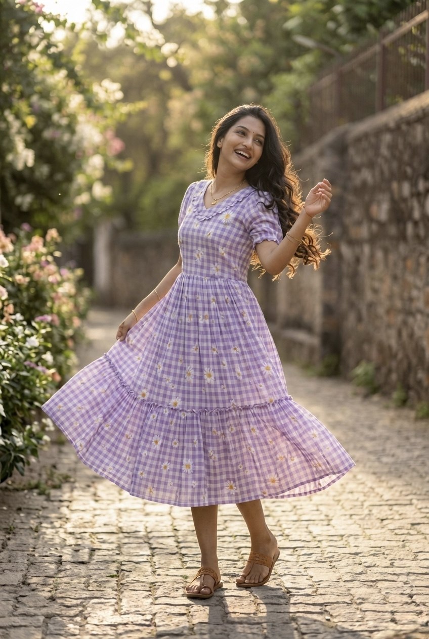 Lavender Gingham Floral Cotton Maxi Dress for Women