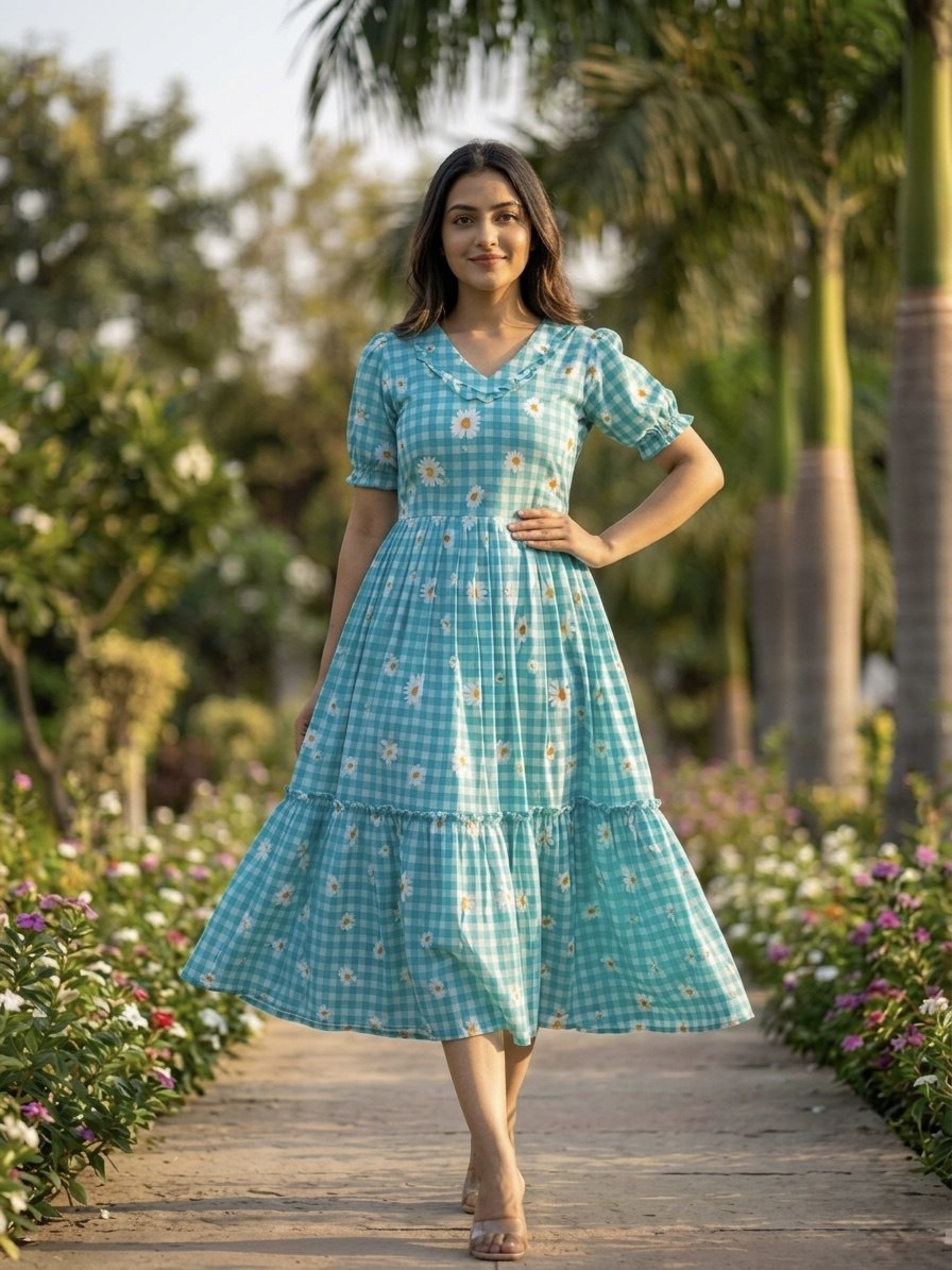 Blue Gingham Floral Cotton Maxi Dress for Women