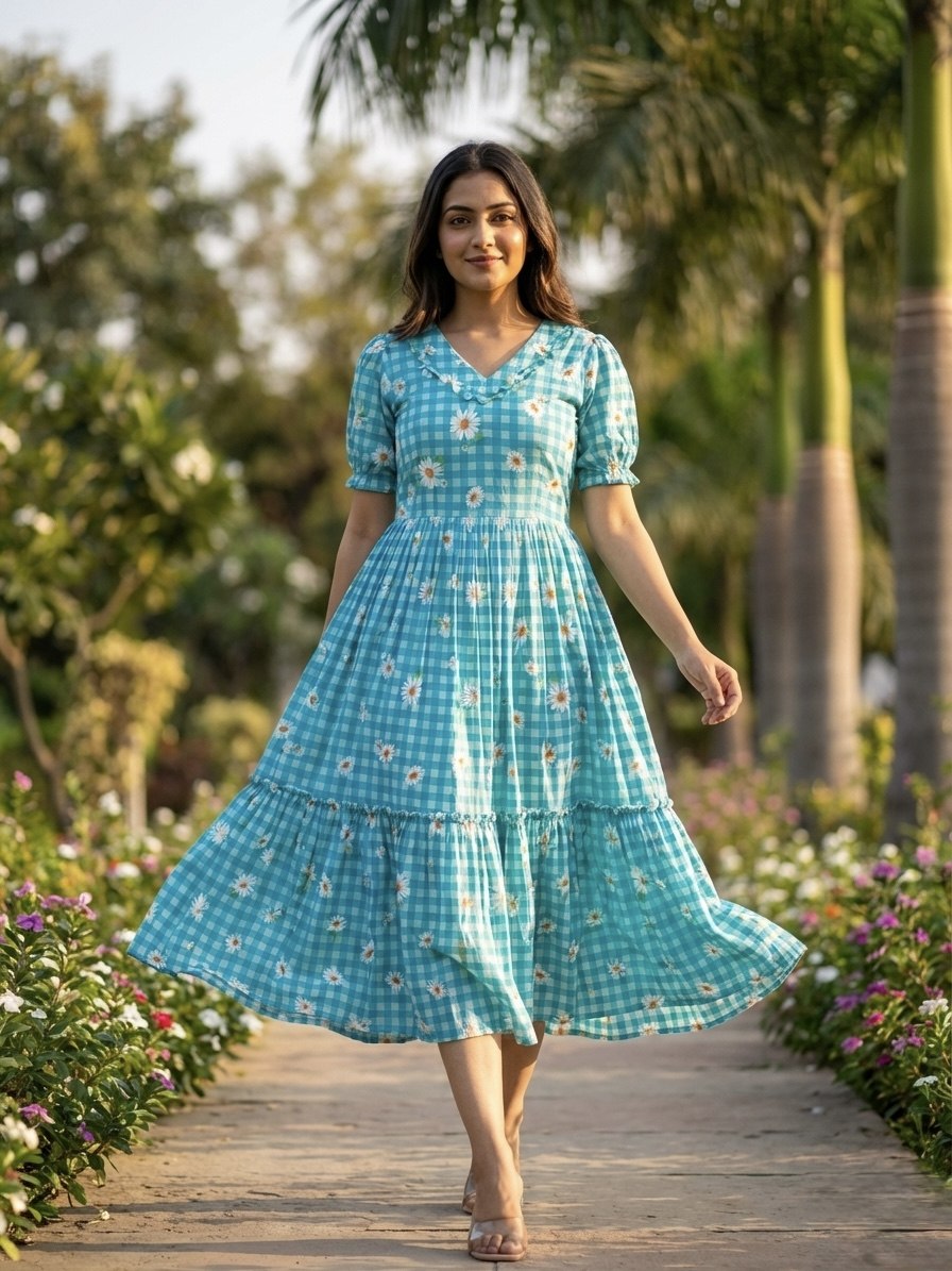 Blue Gingham Floral Cotton Maxi Dress for Women