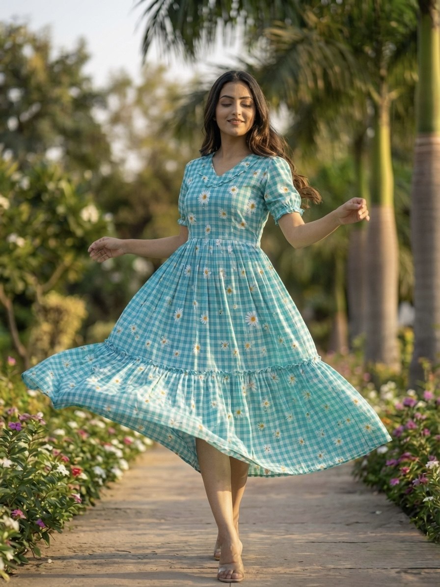 Blue Gingham Floral Cotton Maxi Dress for Women