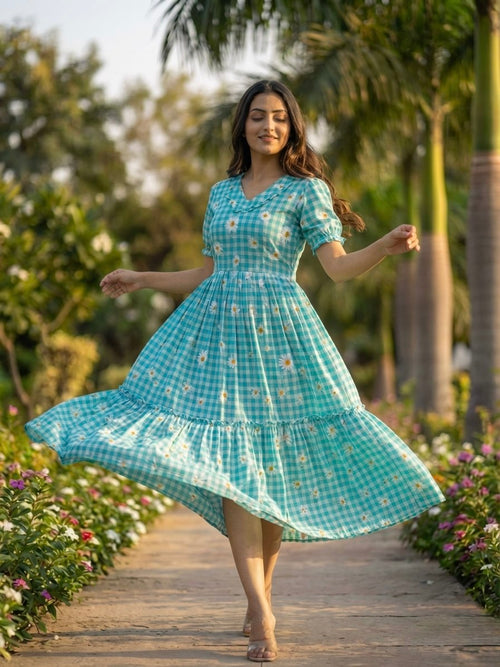 Blue Gingham Floral Cotton Maxi Dress for Women