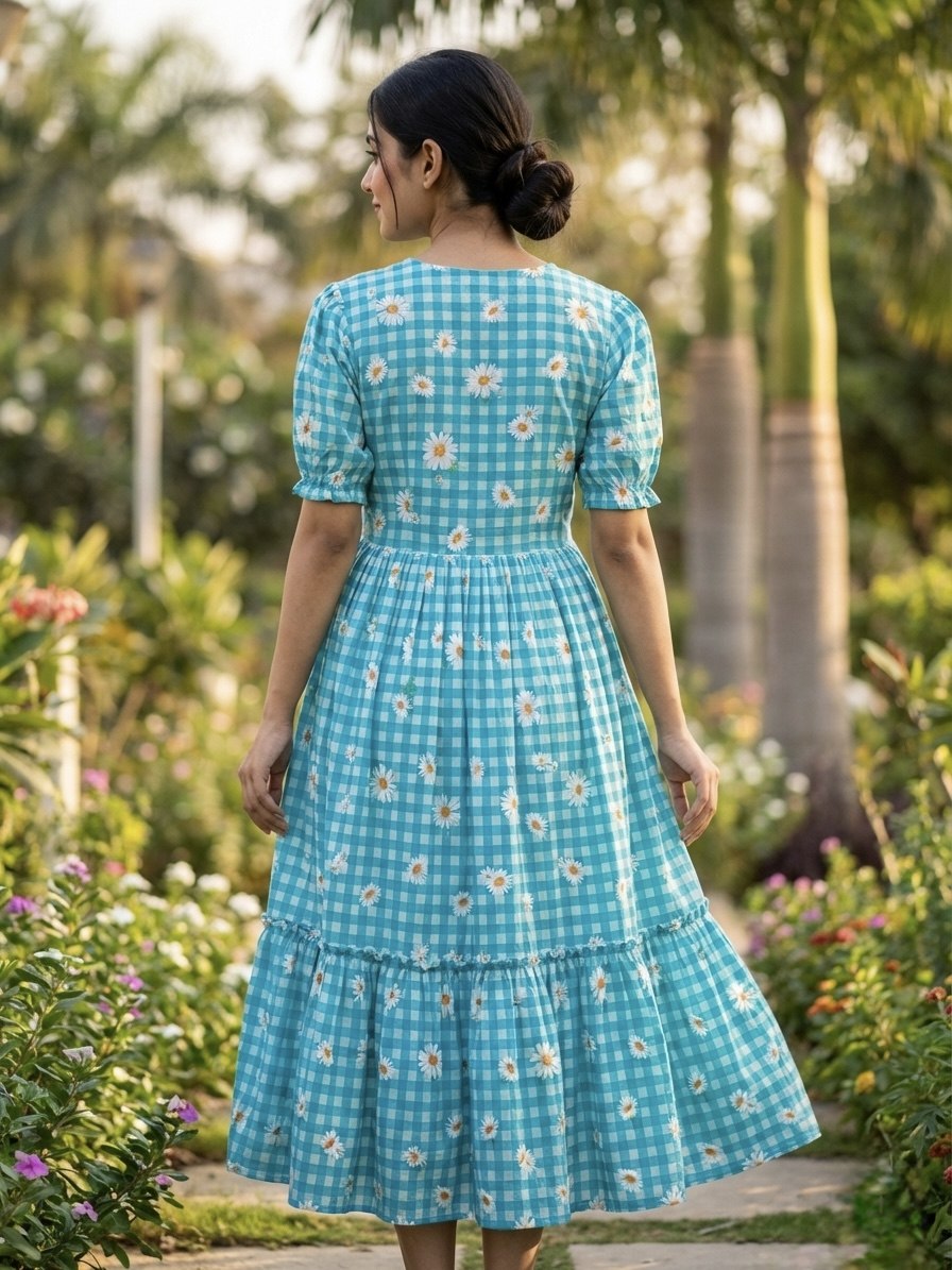 Blue Gingham Floral Cotton Maxi Dress for Women