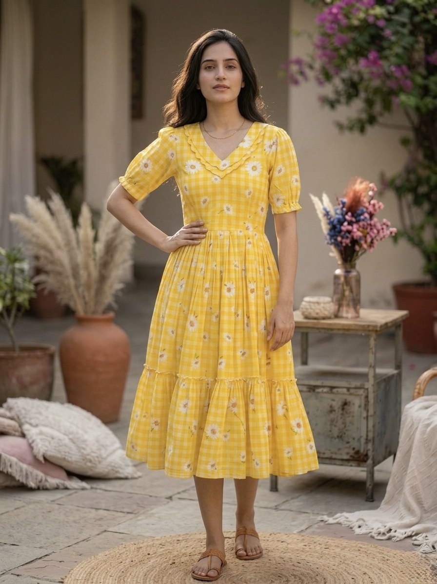 Yellow Gingham Floral Cotton Maxi Dress for Women