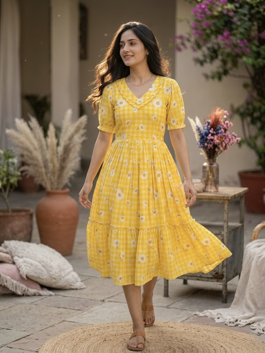 Yellow Gingham Floral Cotton Maxi Dress for Women
