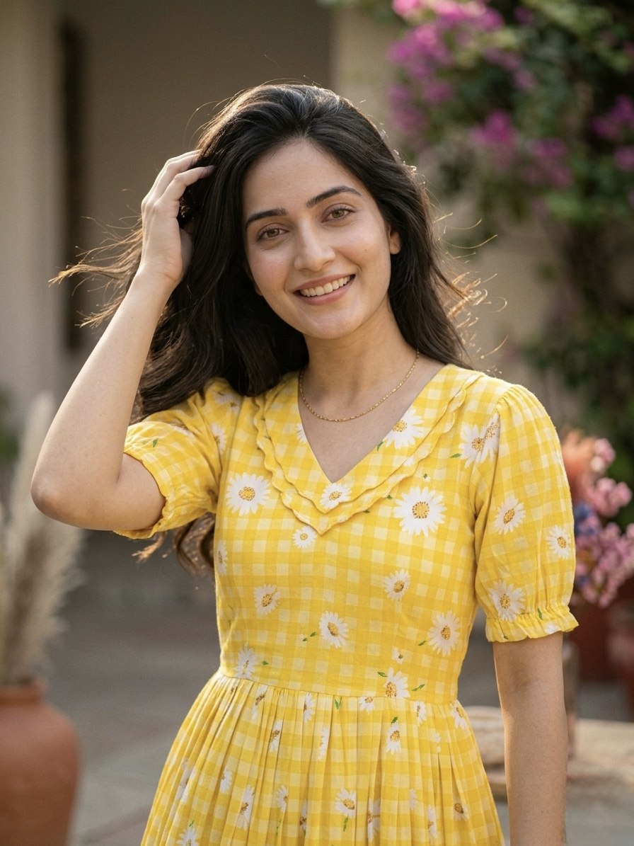 Yellow Gingham Floral Cotton Maxi Dress for Women