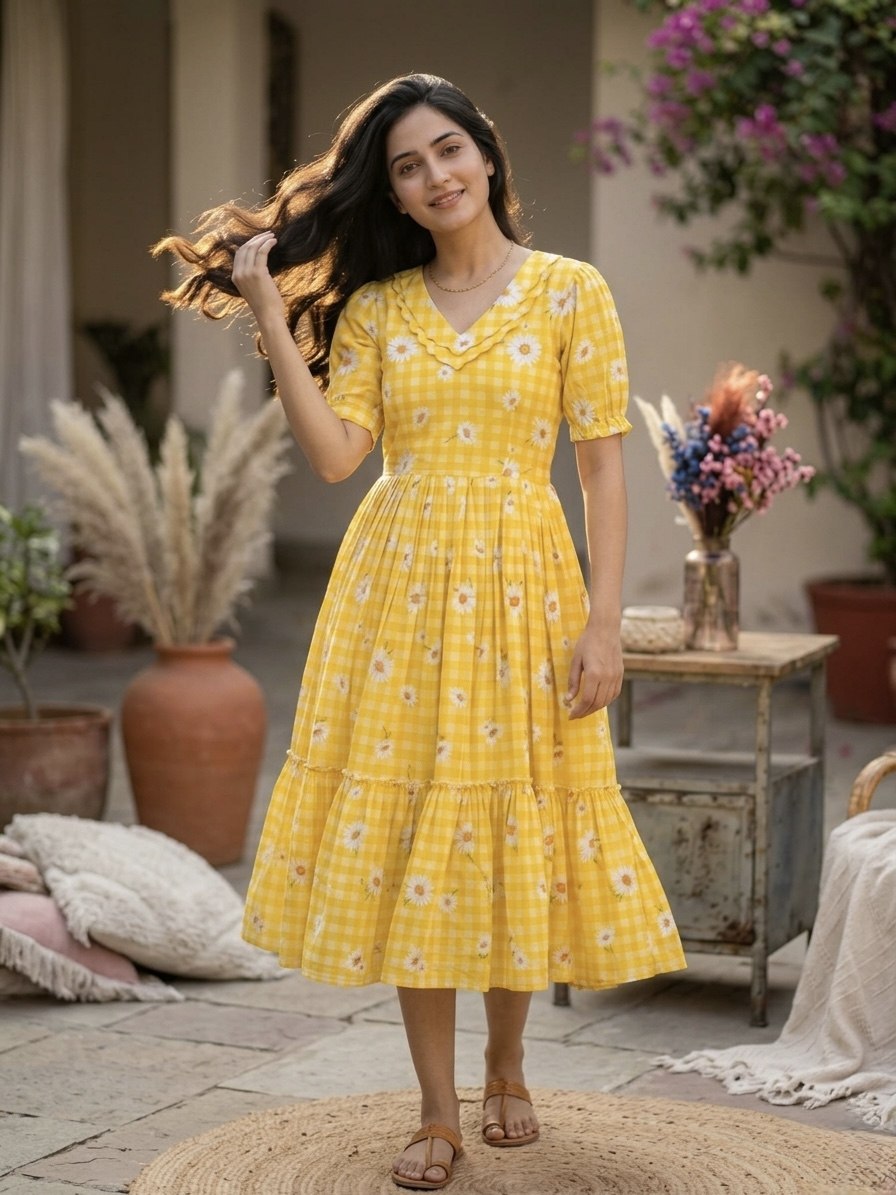 Yellow Gingham Floral Cotton Maxi Dress for Women