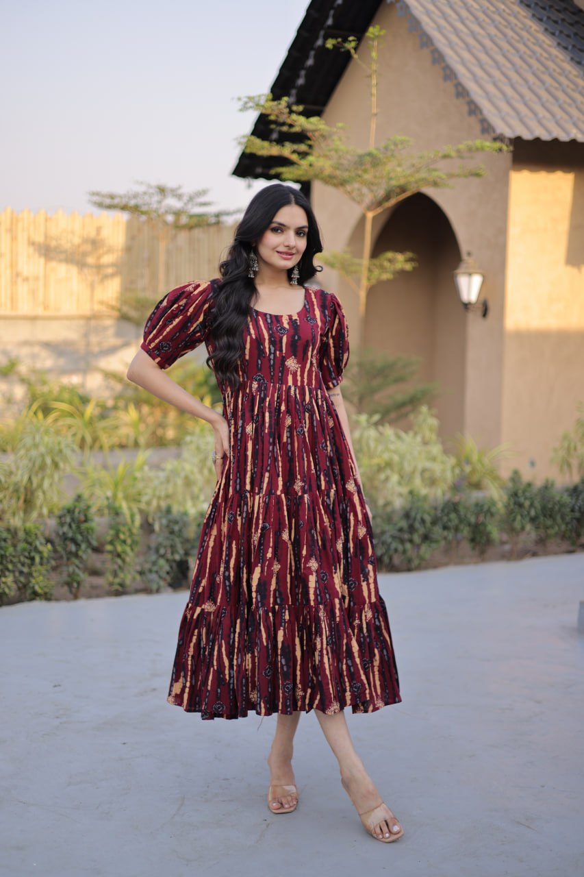 Maroon Abstract Print Tiered Midi Dress with Puff Sleeves