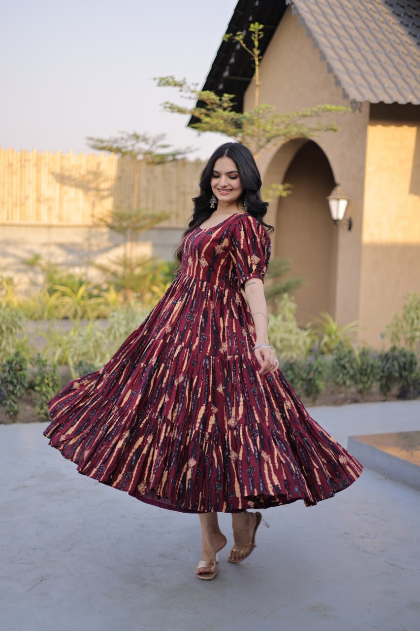 Maroon Abstract Print Tiered Midi Dress with Puff Sleeves