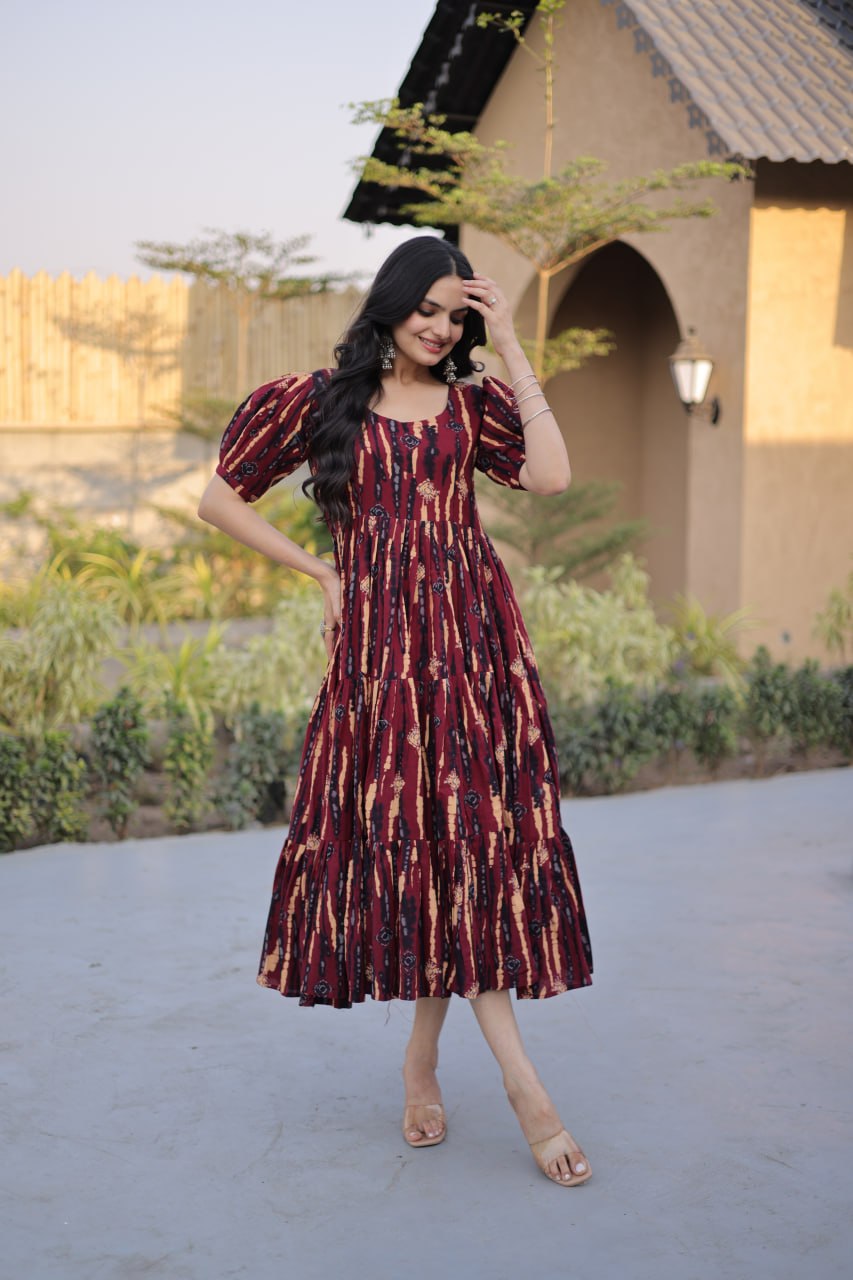 Maroon Abstract Print Tiered Midi Dress with Puff Sleeves