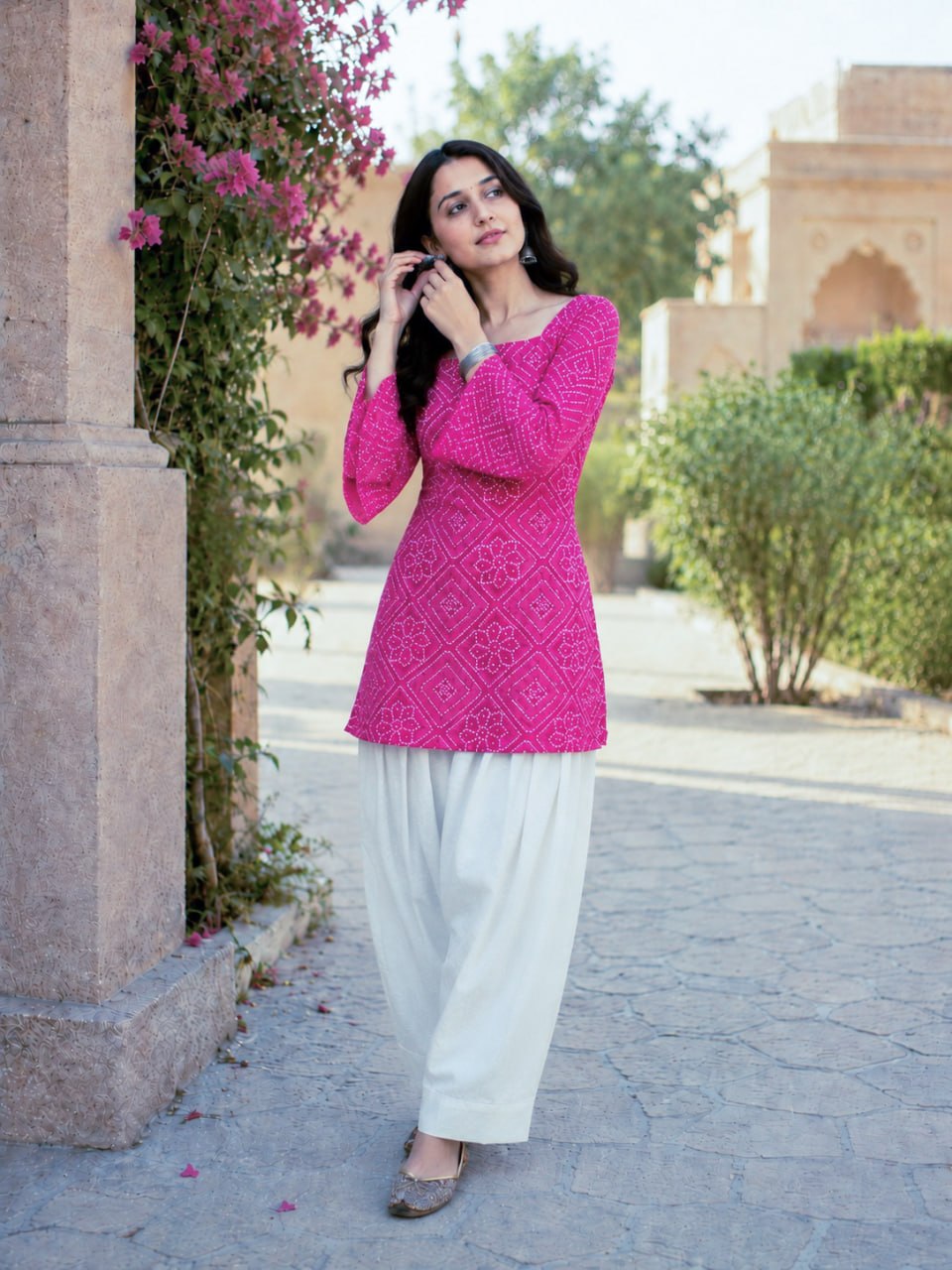 Pink Bandhani Print Short Kurti with White Palazzo Set