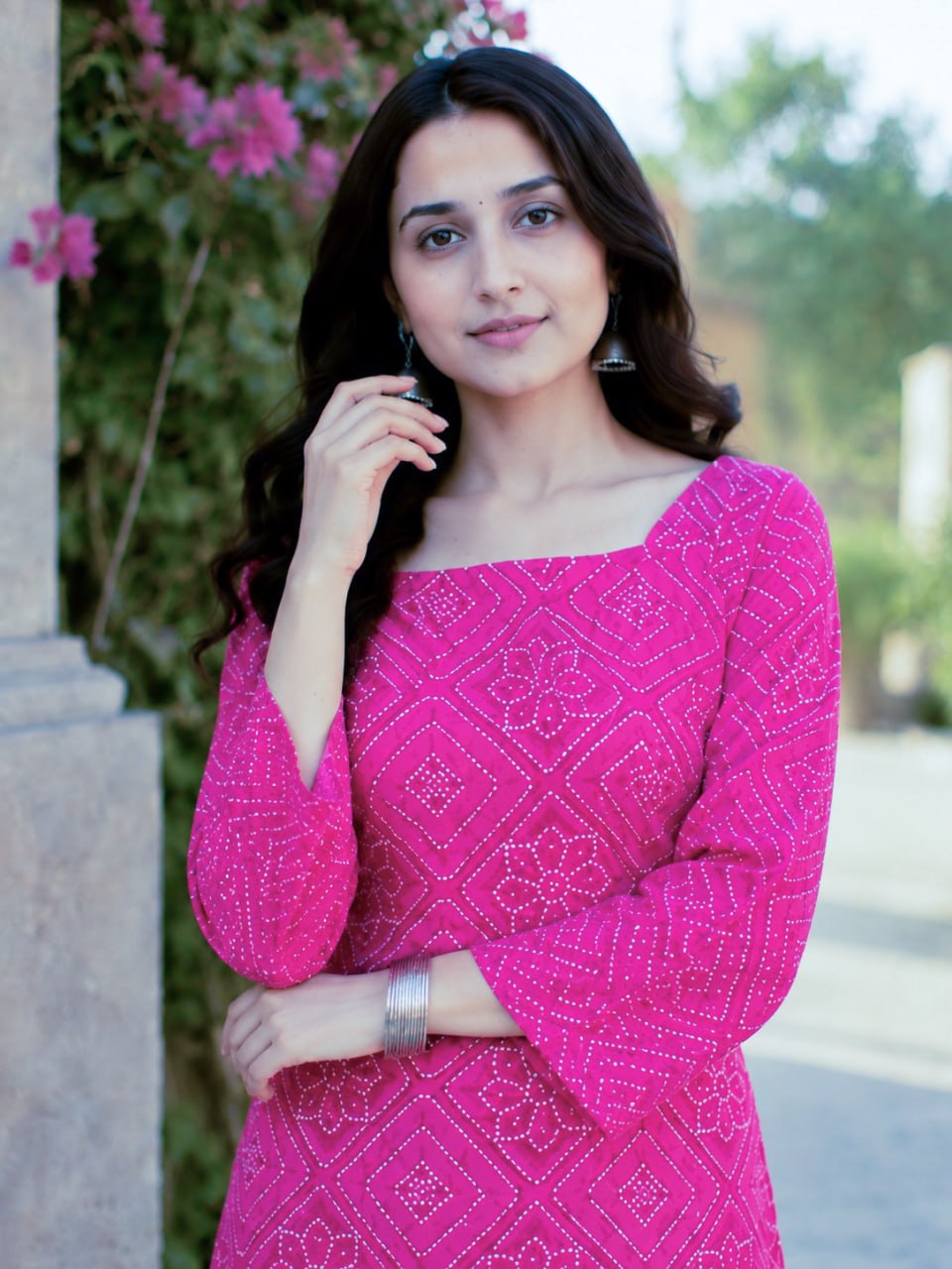 Pink Bandhani Print Short Kurti with White Palazzo Set