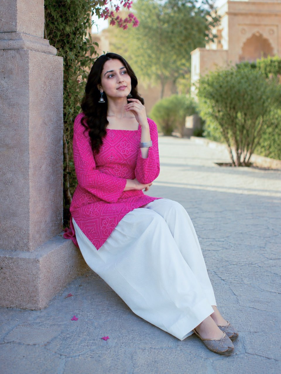 Pink Bandhani Print Short Kurti with White Palazzo Set