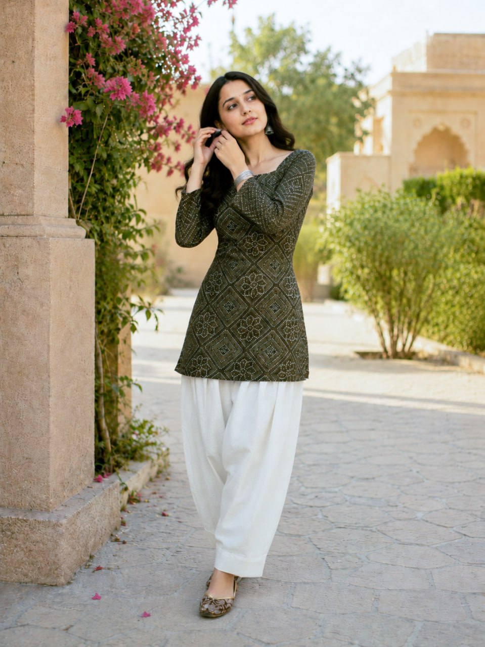 Green Bandhani Print Short Kurti with White Palazzo Set