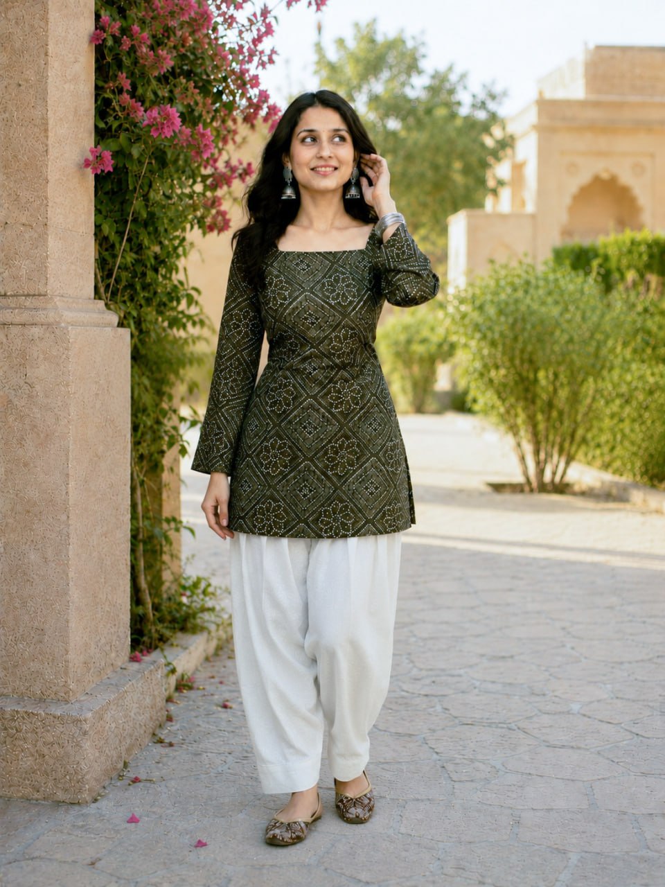 Green Bandhani Print Short Kurti with White Palazzo Set