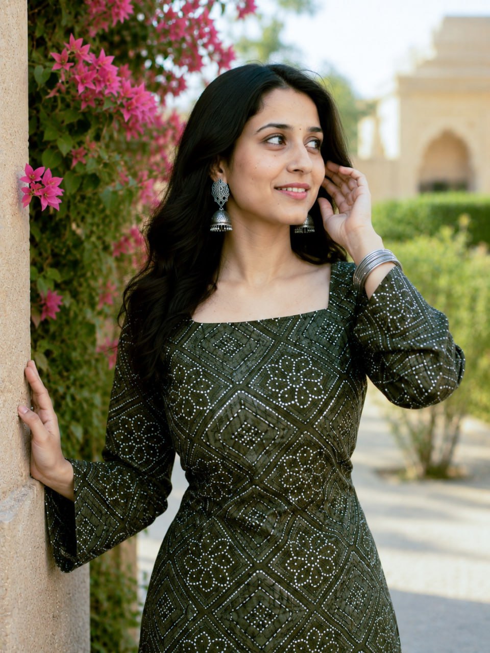 Green Bandhani Print Short Kurti with White Palazzo Set