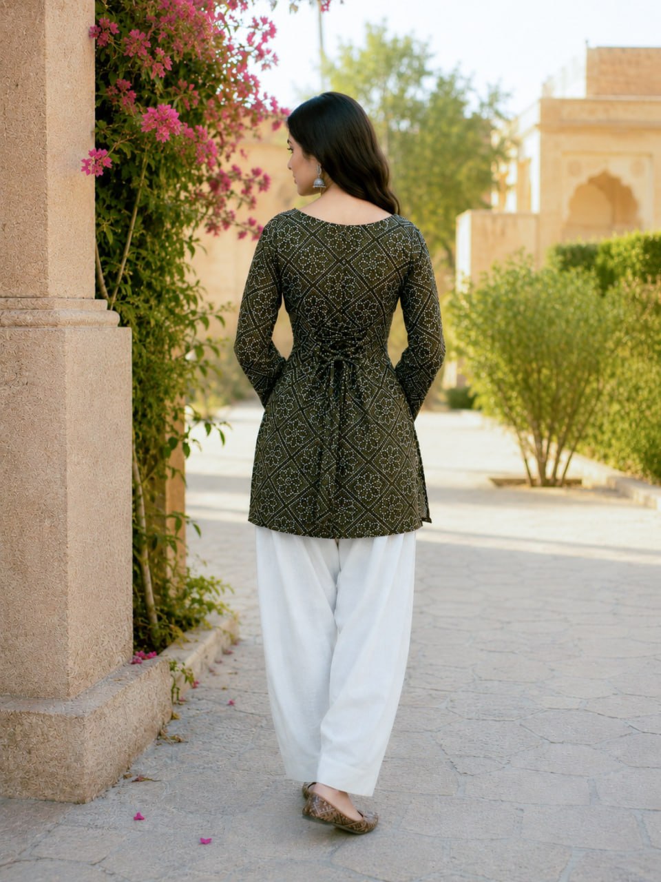 Green Bandhani Print Short Kurti with White Palazzo Set