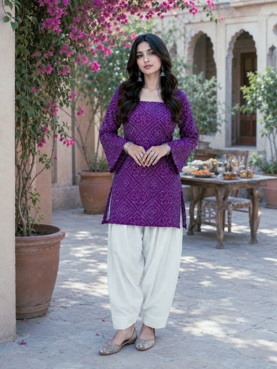 Purple Bandhani Print Short Kurti with White Palazzo Set