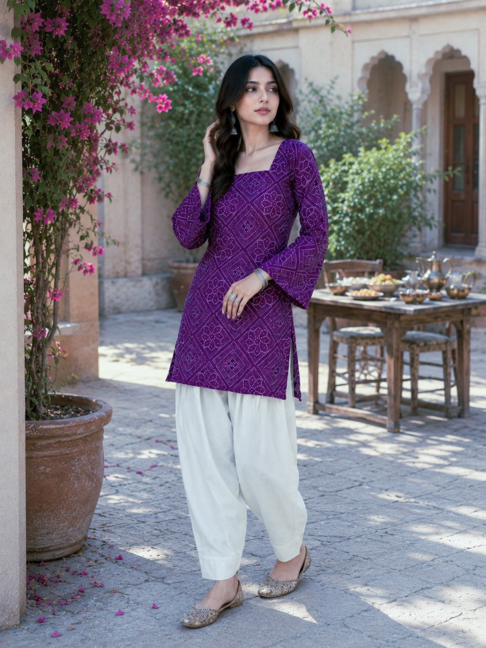 Purple Bandhani Print Short Kurti with White Palazzo Set