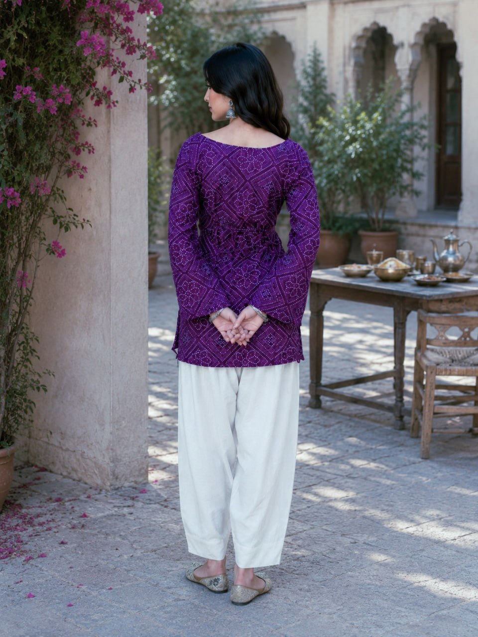 Purple Bandhani Print Short Kurti with White Palazzo Set