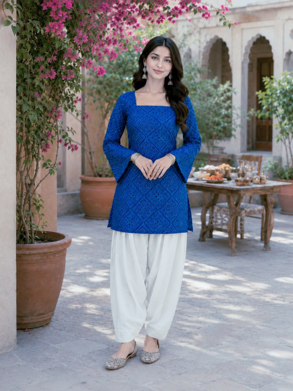 Blue Bandhani Print Short Kurti with White Palazzo Set