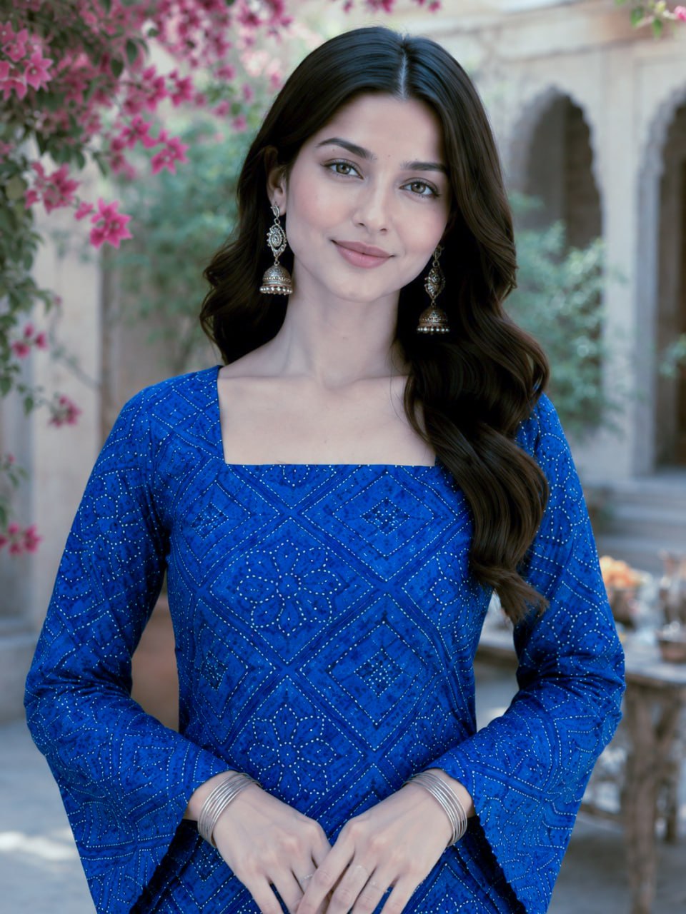 Blue Bandhani Print Short Kurti with White Palazzo Set