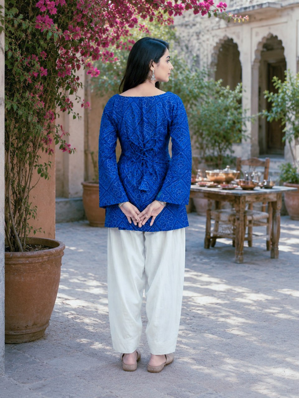 Blue Bandhani Print Short Kurti with White Palazzo Set