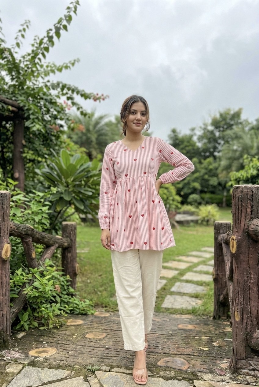 Pink Heart Print Peplum Kurti with White Straight Pants