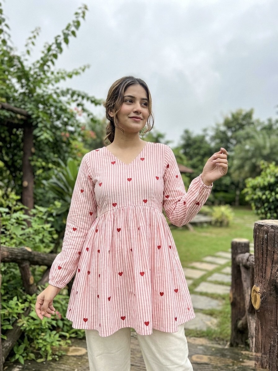 Pink Heart Print Peplum Kurti with White Straight Pants