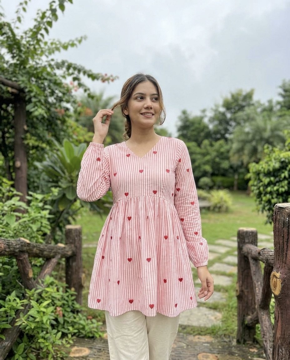 Pink Heart Print Peplum Kurti with White Straight Pants