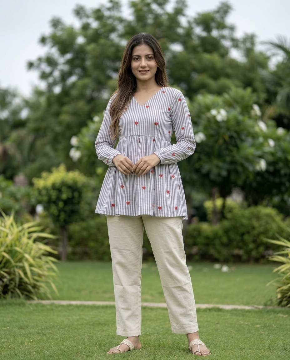 Pink Heart Print Peplum Kurti with White Straight Pants Co-ord Set