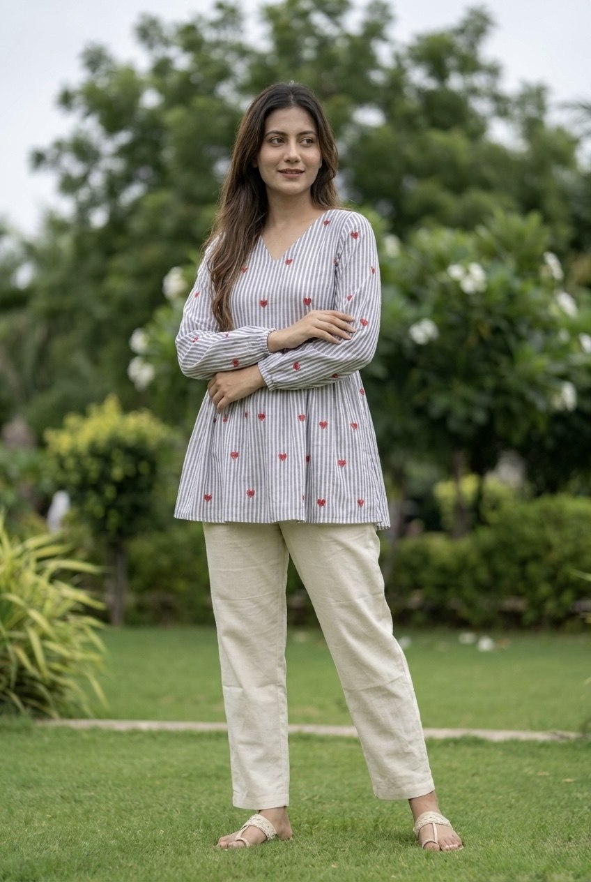 Pink Heart Print Peplum Kurti with White Straight Pants Co-ord Set
