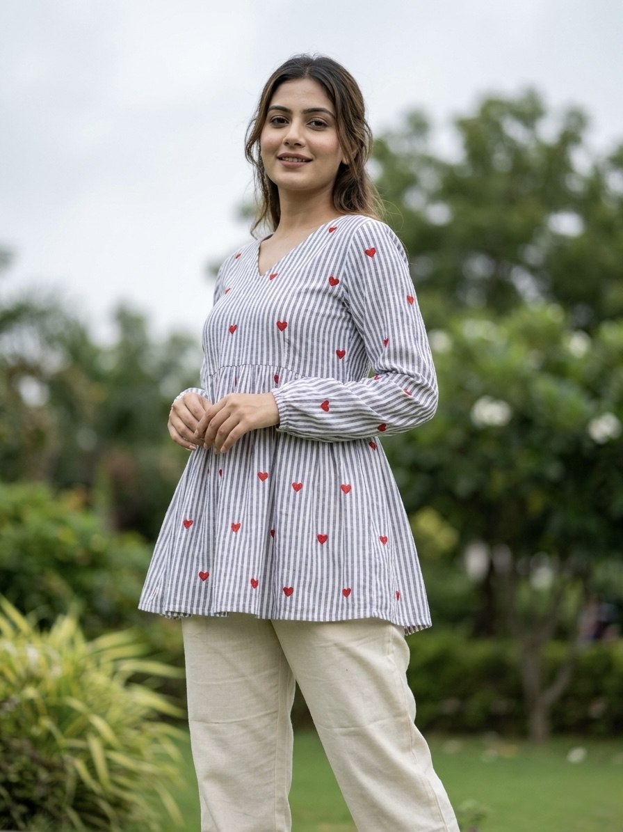 Pink Heart Print Peplum Kurti with White Straight Pants Co-ord Set