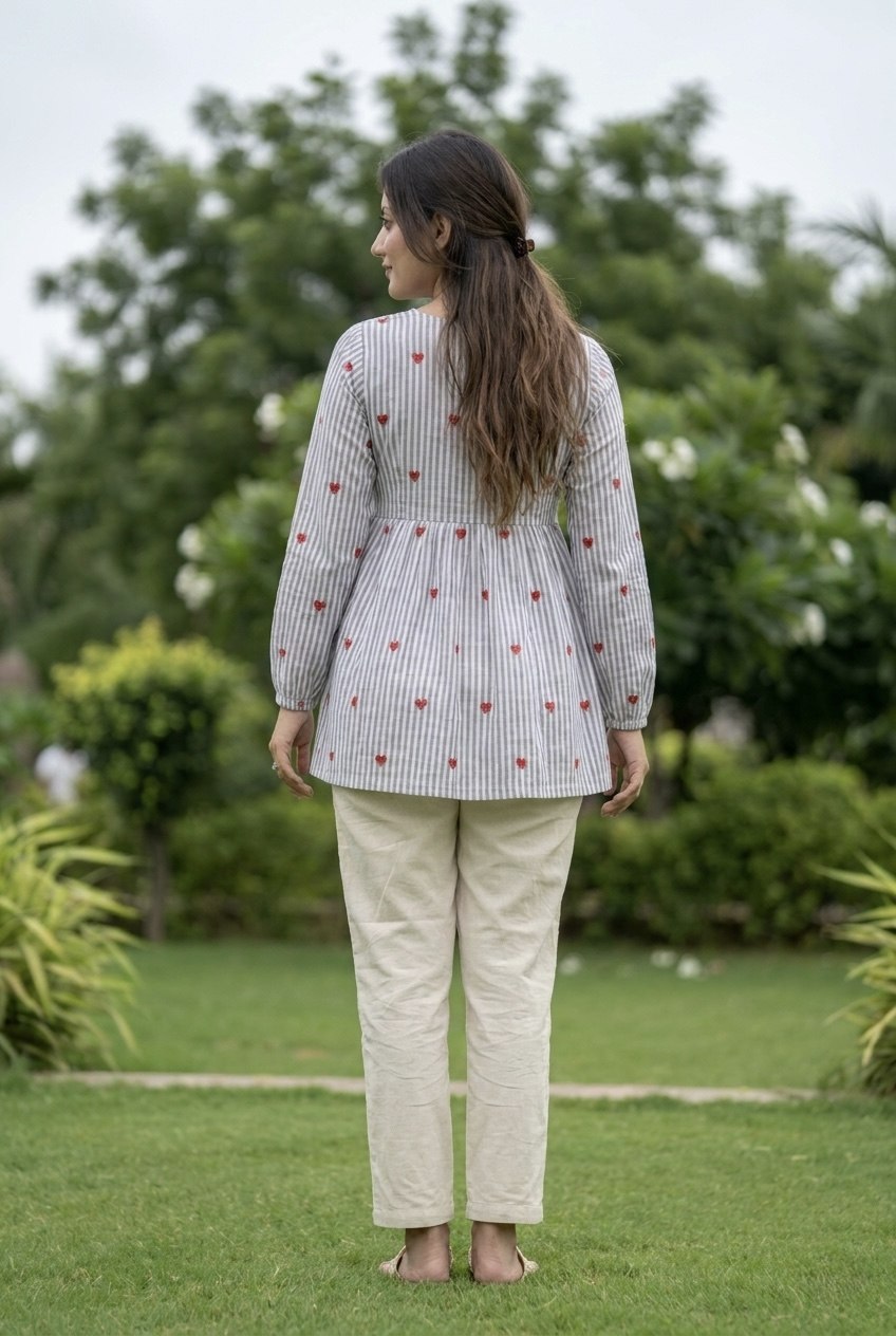 Pink Heart Print Peplum Kurti with White Straight Pants Co-ord Set