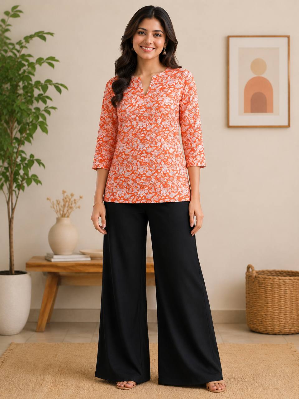 Coral Floral Print Kurti with Black Wide-Leg Palazzo Pants
