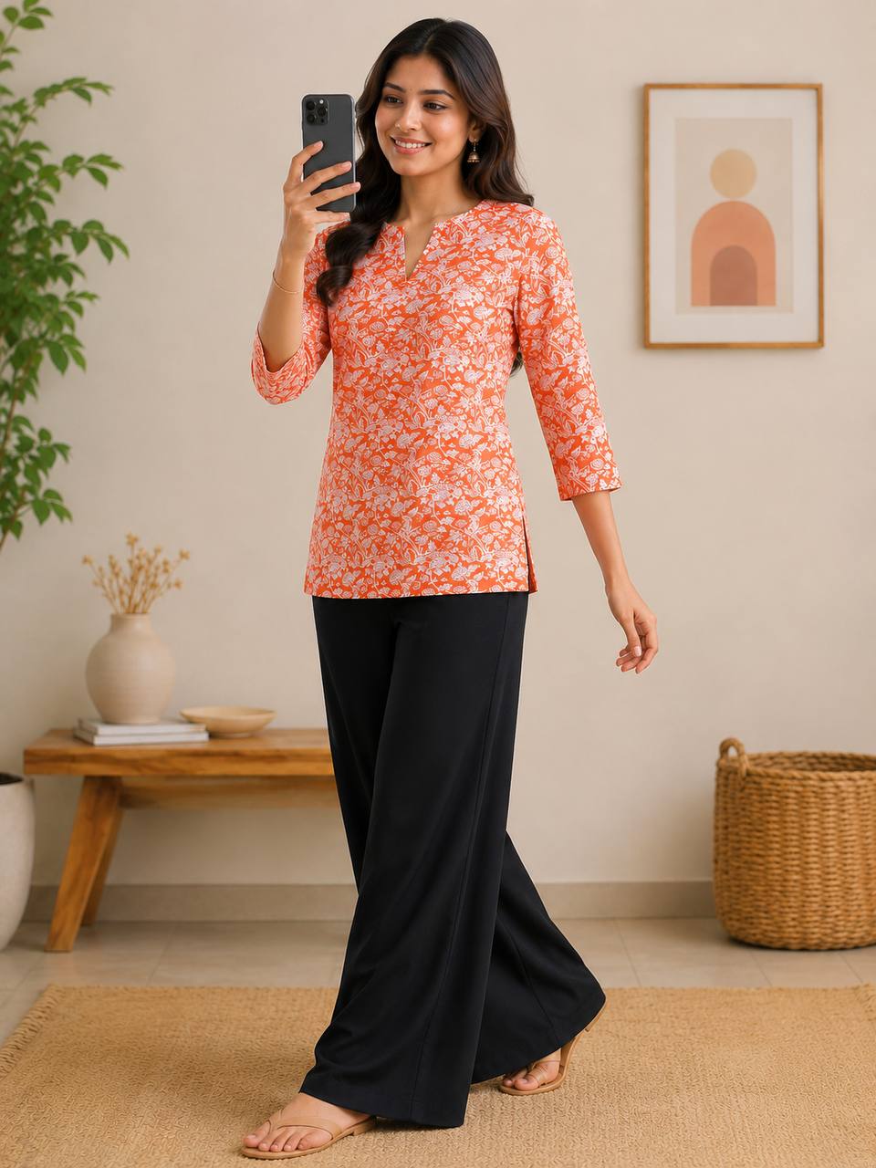 Coral Floral Print Kurti with Black Wide-Leg Palazzo Pants