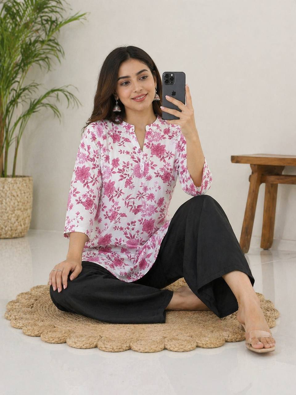 Coral Floral Print Kurti with Black Wide-Leg Palazzo Pants