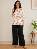Coral Floral Print Kurti with Black Wide-Leg Palazzo Pants