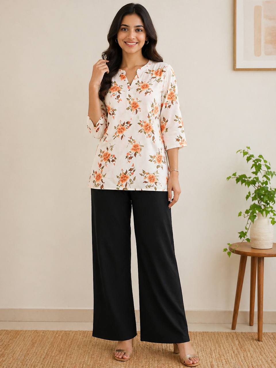 Coral Floral Print Kurti with Black Wide-Leg Palazzo Pants