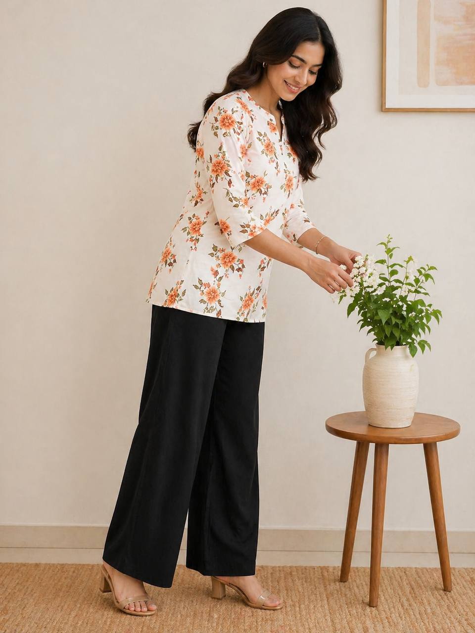 Coral Floral Print Kurti with Black Wide-Leg Palazzo Pants