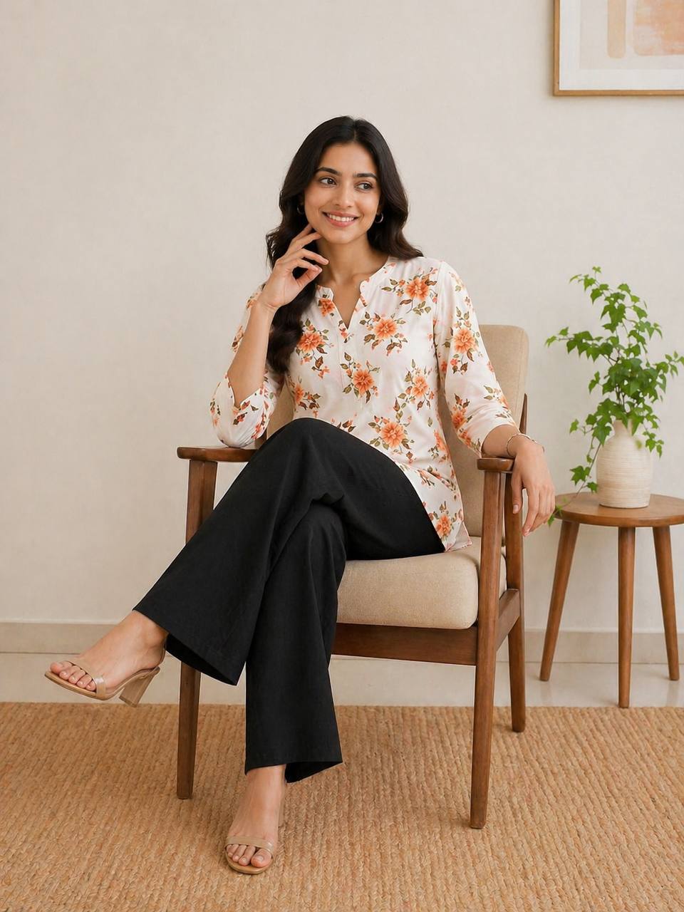 Coral Floral Print Kurti with Black Wide-Leg Palazzo Pants