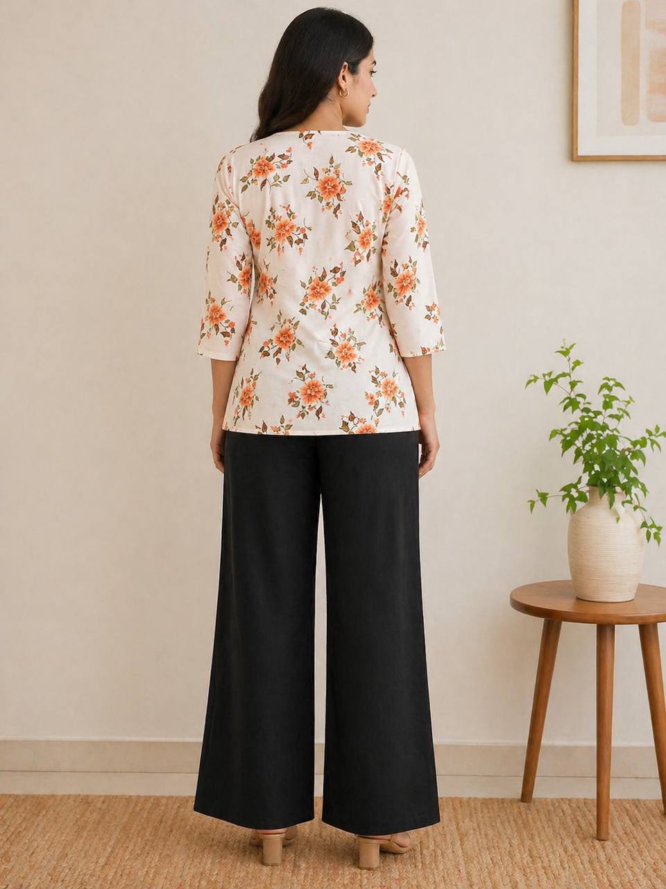 Coral Floral Print Kurti with Black Wide-Leg Palazzo Pants