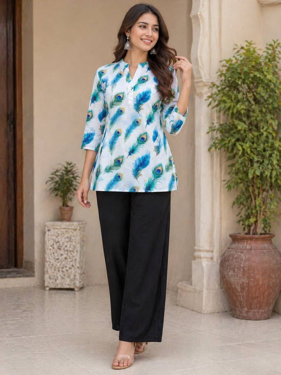 Coral Floral Print Kurti with Black Wide-Leg Palazzo Pants